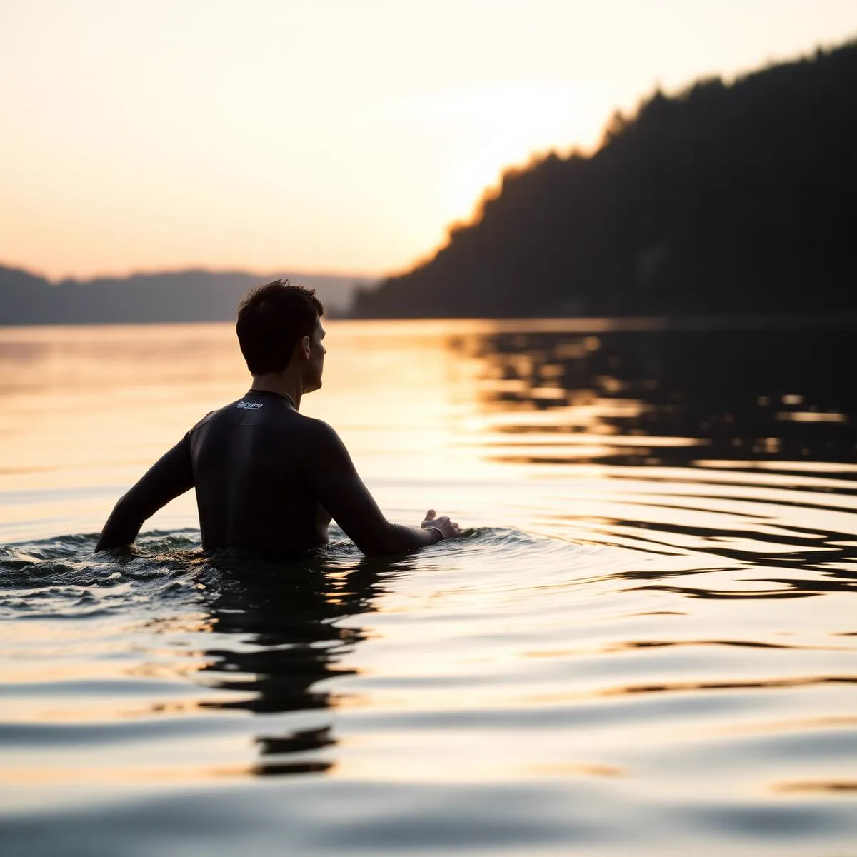 Open water swimmer training in a lake