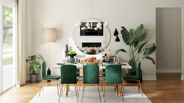 Dining table and green velvet chairs